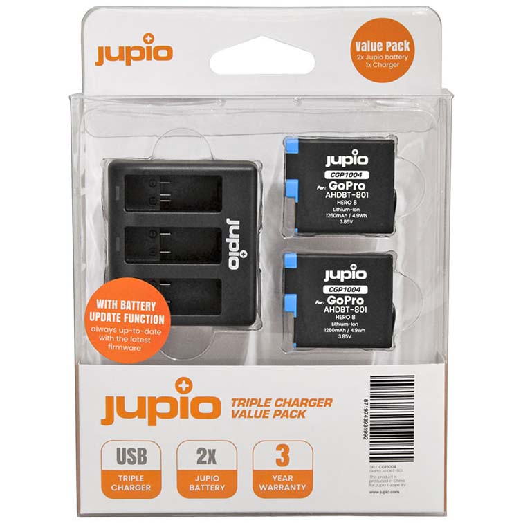 CARGADOR JUPIO CON 2 BATERIAS AHDBT-801 P/HERO 8