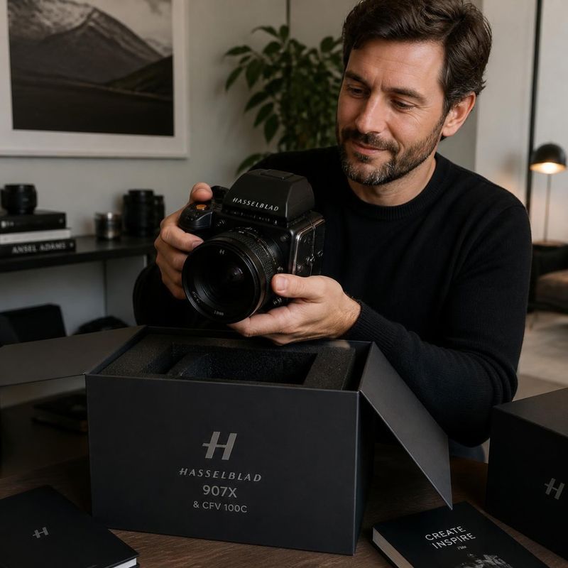 Cliente sacando de su caja una c&aacute;mara Hasselblad 907X